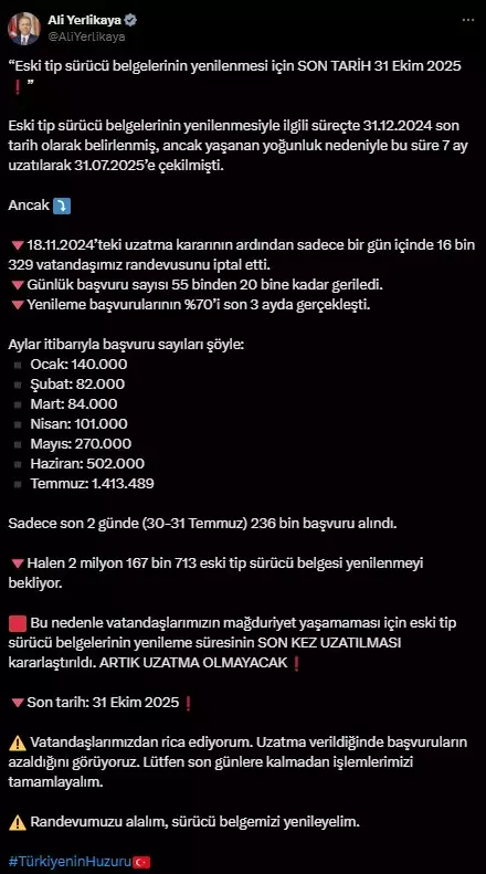 Eski tip sürücü belgelerini yenileme süresi son kez uzatıldı